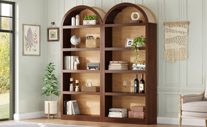 English Elm On-trend Farmhouse Two-tone Bookcase Set Arched Fabric Crown Open 5-tier Shelving Walnut N721P411205P