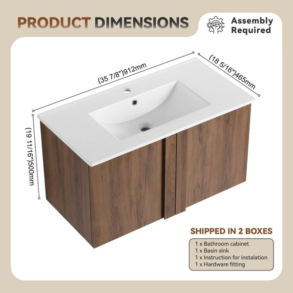 English Elm 36" Floating Bathroom Vanity Light Oak Modular Cabinet with Gel Coat Integrated Sink Brown Ebony,Glossy White W3450S00066