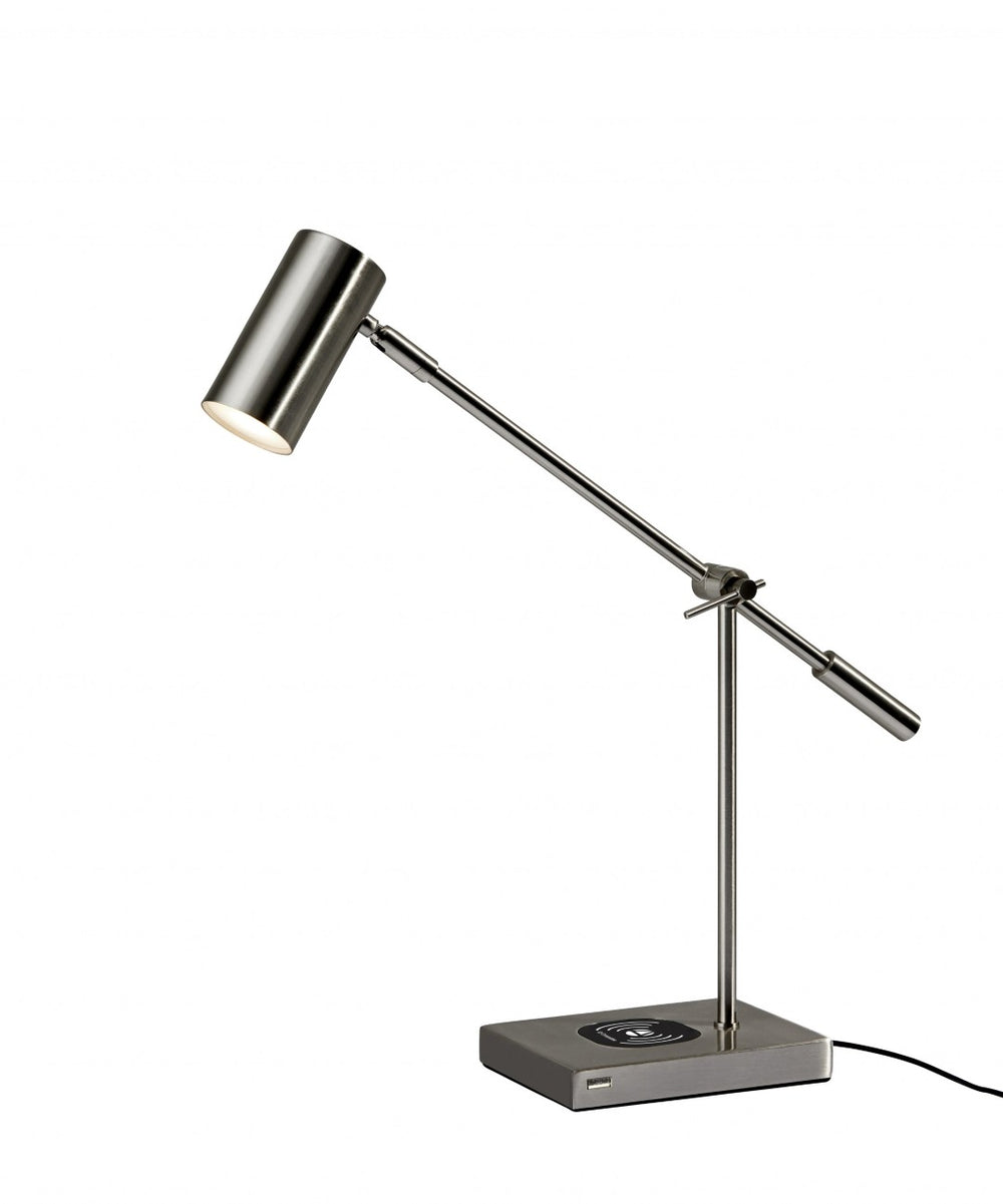 HomeRoots 22" Metal Swing Arm LED Desk Lamp with USB Charging and Elegant Gold Cylinder Shade for Modern Spaces Brushed Steel 372700