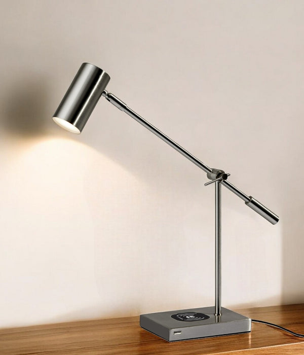 HomeRoots 22" Metal Swing Arm LED Desk Lamp with USB Charging and Elegant Gold Cylinder Shade for Modern Spaces Brushed Steel 372700