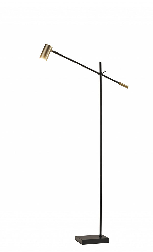 Homeroots 63" Black Adjustable Led Task Floor Lamp With Antiqued Brass Cylinder Shade Black Metal 372701