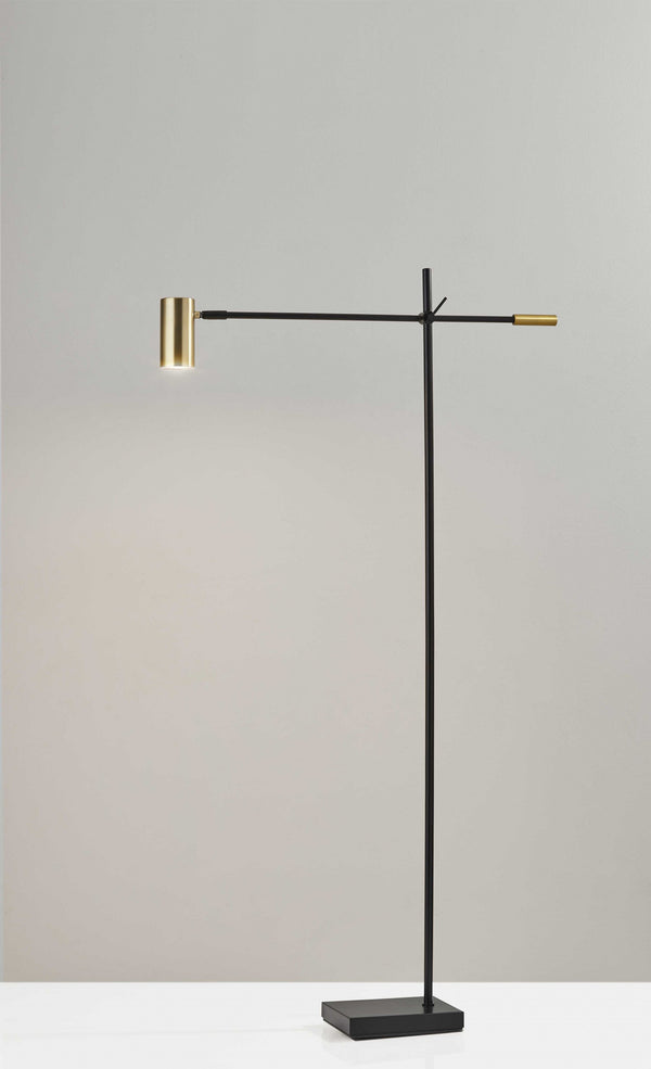 Homeroots 63" Black Adjustable Led Task Floor Lamp With Antiqued Brass Cylinder Shade Black Metal 372701