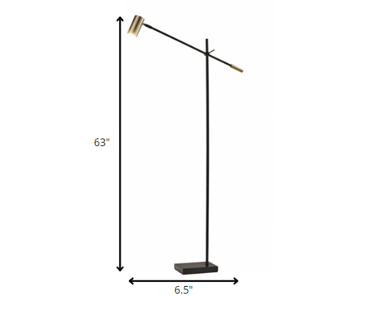 Homeroots 63" Black Adjustable Led Task Floor Lamp With Antiqued Brass Cylinder Shade Black Metal 372701