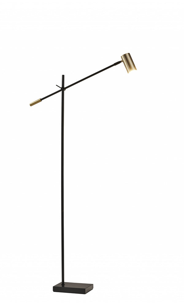 Homeroots 63" Black Adjustable Led Task Floor Lamp With Antiqued Brass Cylinder Shade Black Metal 372701