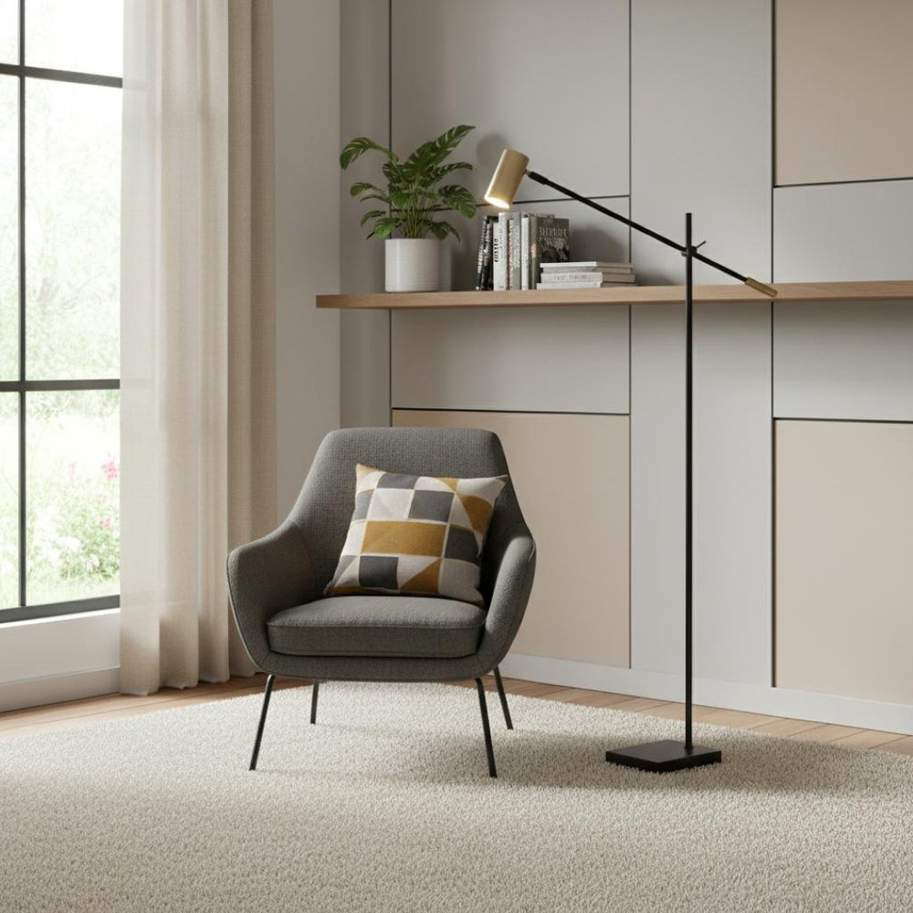 HomeRoots 63" Adjustable LED Task Floor Lamp with Antiqued Brass Shade - Elegant Modern Lighting Solution Black 372701