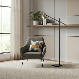 HomeRoots 63" Adjustable LED Task Floor Lamp with Antiqued Brass Shade - Elegant Modern Lighting Solution Black 372701
