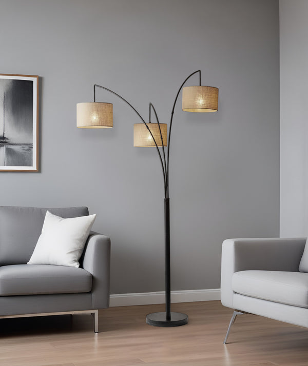 Homeroots 74" Antiqued Black Metal Three Light Tree Floor Lamp With Beige Fabric Drum Shades Bronze Metal 372707