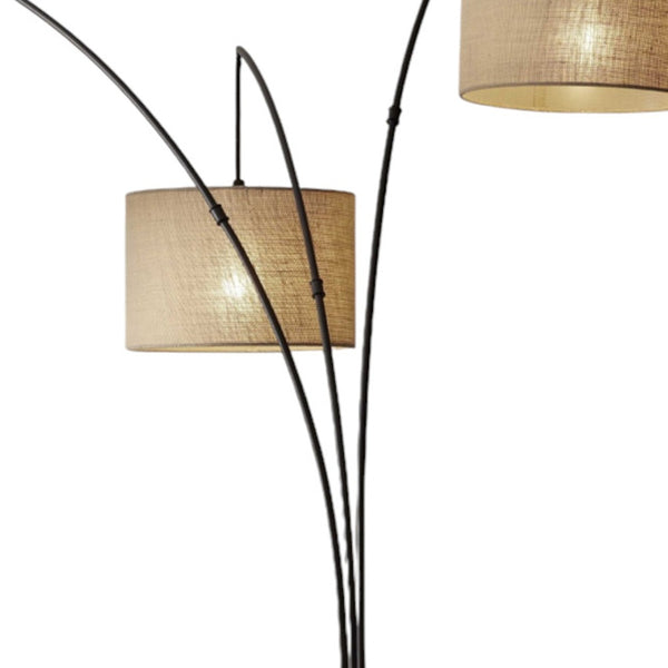 Homeroots 74" Antiqued Black Metal Three Light Tree Floor Lamp With Beige Fabric Drum Shades Bronze Metal 372707