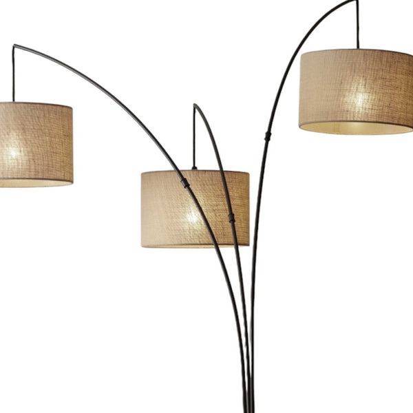 Homeroots 74" Antiqued Black Metal Three Light Tree Floor Lamp With Beige Fabric Drum Shades Bronze Metal 372707