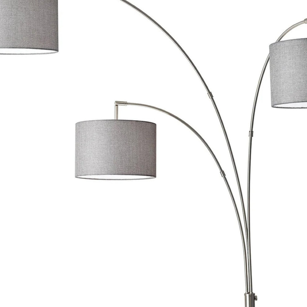 HomeRoots 74" Elegant Three-Light Arc Floor Lamp with White Marble Base and Textured Off-White Drum Shades Brushed Steel 372713