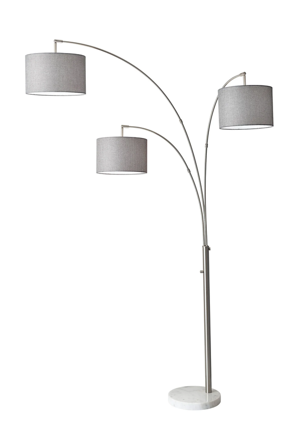 Homeroots 74" White Three Light Adjustable Led Tree Floor Lamp With Gray Drum Shade Brushed Steel Metal 372713
