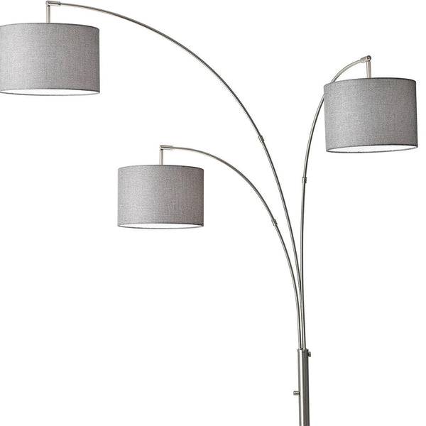 Homeroots 74" White Three Light Adjustable Led Tree Floor Lamp With Gray Drum Shade Brushed Steel Metal 372713