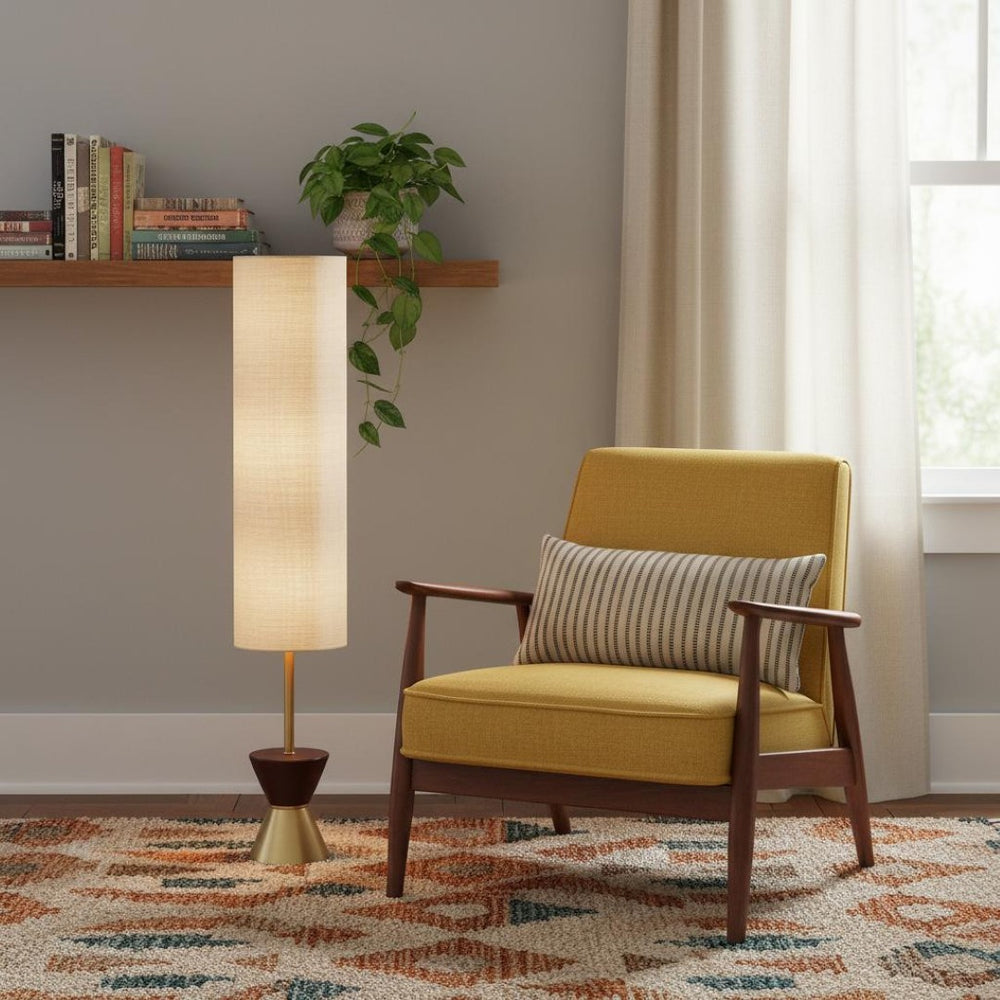 HomeRoots 59" Brass Column Floor Lamp with Beige Fabric Shade - Elegant Lighting for Modern & Traditional Spaces 372720