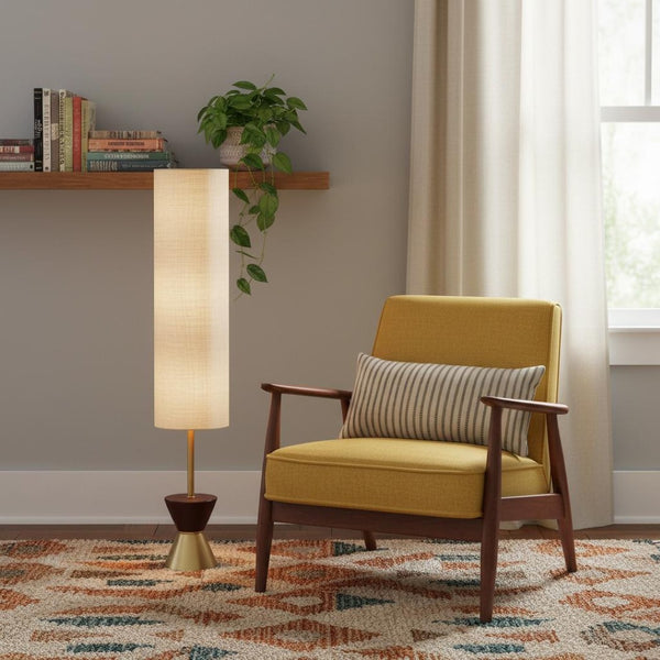 HomeRoots 59" Brass Column Floor Lamp with Beige Fabric Shade - Elegant Lighting for Modern & Traditional Spaces 372720