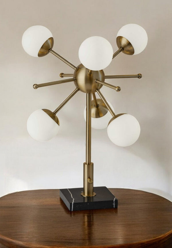 HomeRoots 23" Black Metal Six-Light Table Lamp - Mid-Century Elegance with Brass Shades for Versatile Illumination 372721