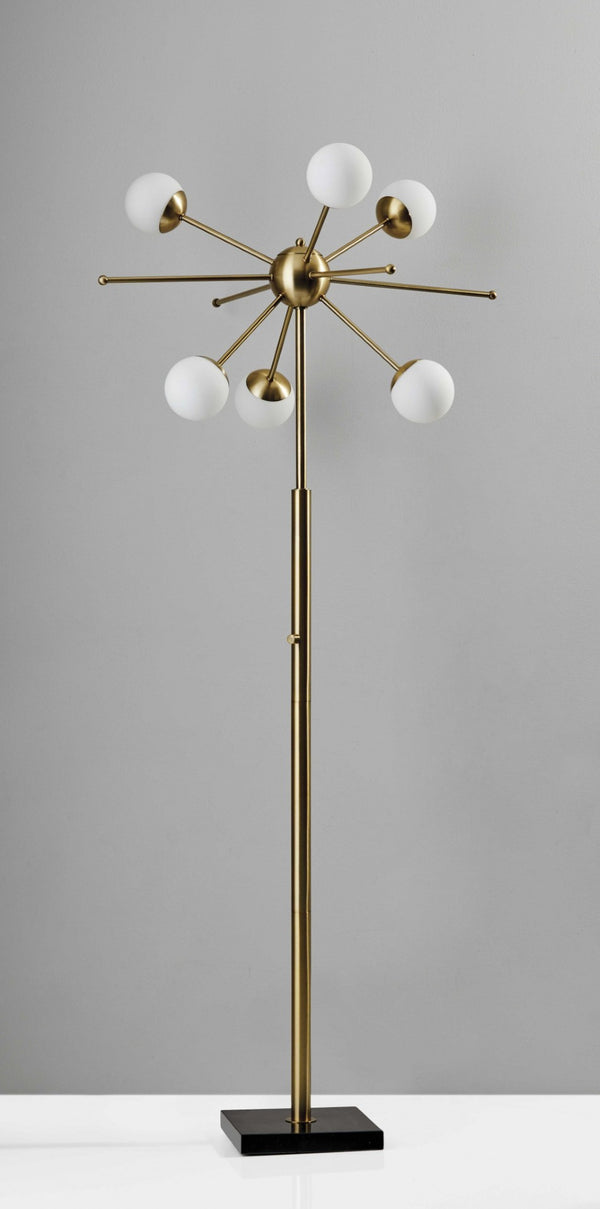 HomeRoots 64" Brass Six-Light LED Floor Lamp with White Globe Shades - Mid-Century Modern Ambiance & Style 372722