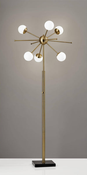 HomeRoots 64" Brass Six-Light LED Floor Lamp with White Globe Shades - Mid-Century Modern Ambiance & Style 372722