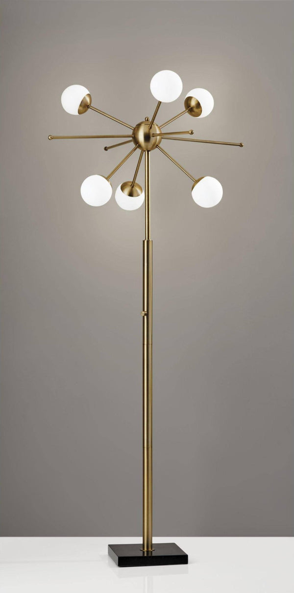 HomeRoots 64" Brass Six-Light LED Floor Lamp with White Globe Shades - Mid-Century Modern Ambiance & Style 372722