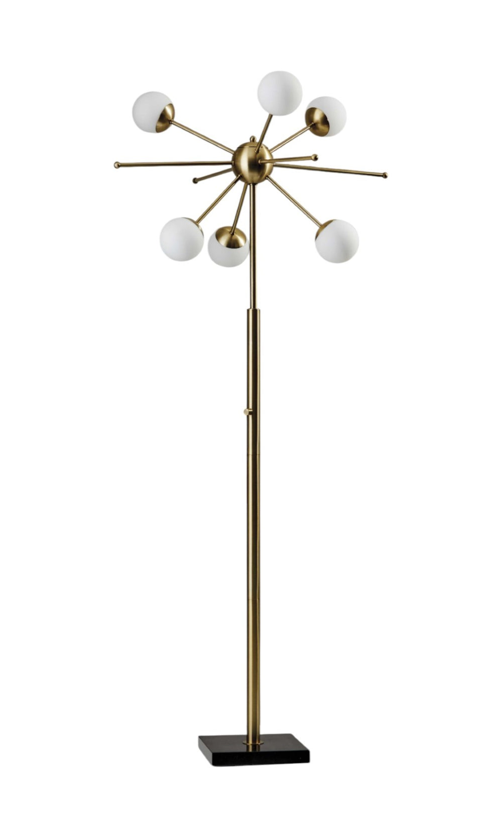 HomeRoots 64" Brass Six-Light LED Floor Lamp with White Globe Shades - Mid-Century Modern Ambiance & Style 372722