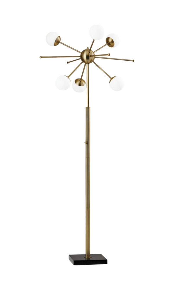 HomeRoots 64" Brass Six-Light LED Floor Lamp with White Globe Shades - Mid-Century Modern Ambiance & Style 372722