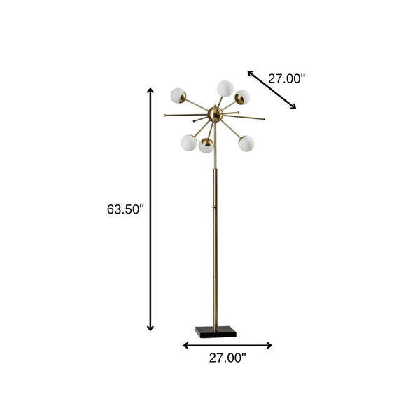 HomeRoots 64" Brass Six-Light LED Floor Lamp with White Globe Shades - Mid-Century Modern Ambiance & Style 372722