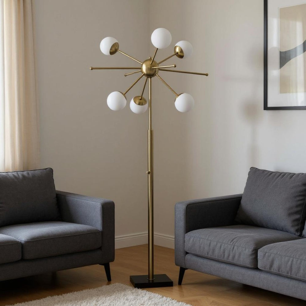 HomeRoots 64" Brass Six-Light LED Floor Lamp with White Globe Shades - Mid-Century Modern Ambiance & Style 372722