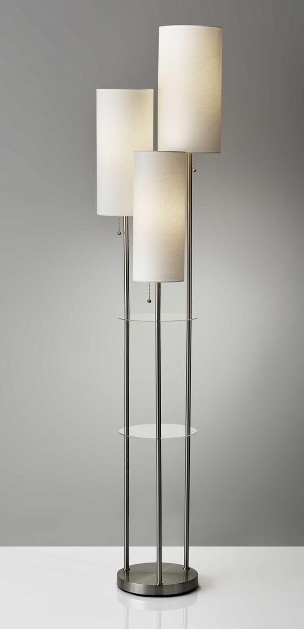 HomeRoots 68" Modern Silver Three-Light Floor Lamp with Linen Shades & Built-In Shelves for Stylish Illumination 372724