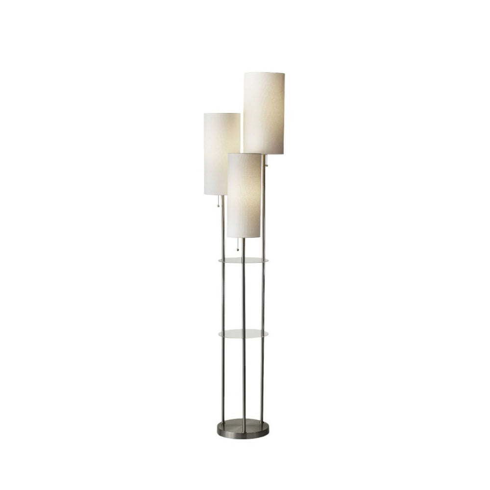 HomeRoots 68" Modern Silver Three-Light Floor Lamp with Linen Shades & Built-In Shelves for Stylish Illumination 372724