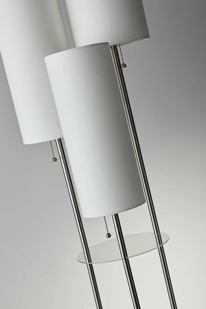 HomeRoots 68" Modern Silver Three-Light Floor Lamp with Linen Shades & Built-In Shelves for Stylish Illumination 372724