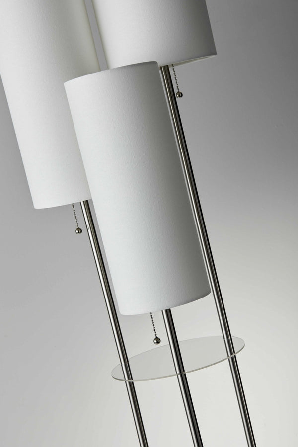 HomeRoots 68" Modern Silver Three-Light Floor Lamp with Linen Shades & Built-In Shelves for Stylish Illumination 372724