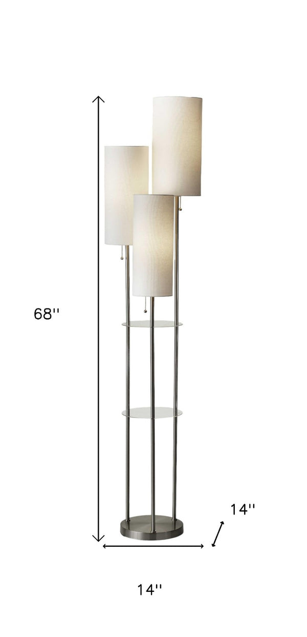 HomeRoots 68" Modern Silver Three-Light Floor Lamp with Linen Shades & Built-In Shelves for Stylish Illumination 372724