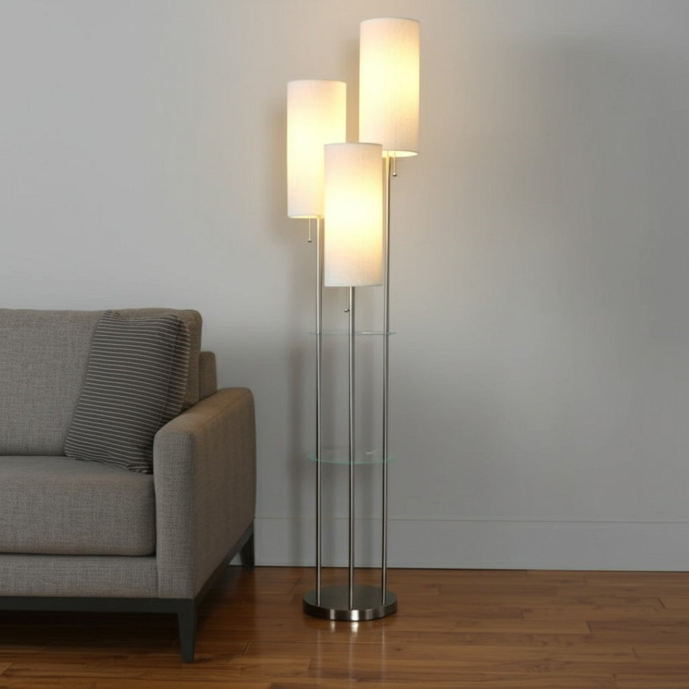 HomeRoots 68" Modern Silver Three-Light Floor Lamp with Linen Shades & Built-In Shelves for Stylish Illumination 372724