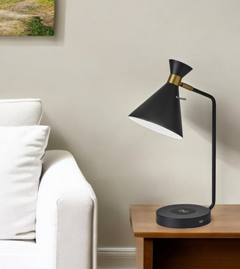 HomeRoots Asymmetrical Diabolo Black Metal Desk Lamp with Wireless Charging - Modern Task Lighting & Style 372728