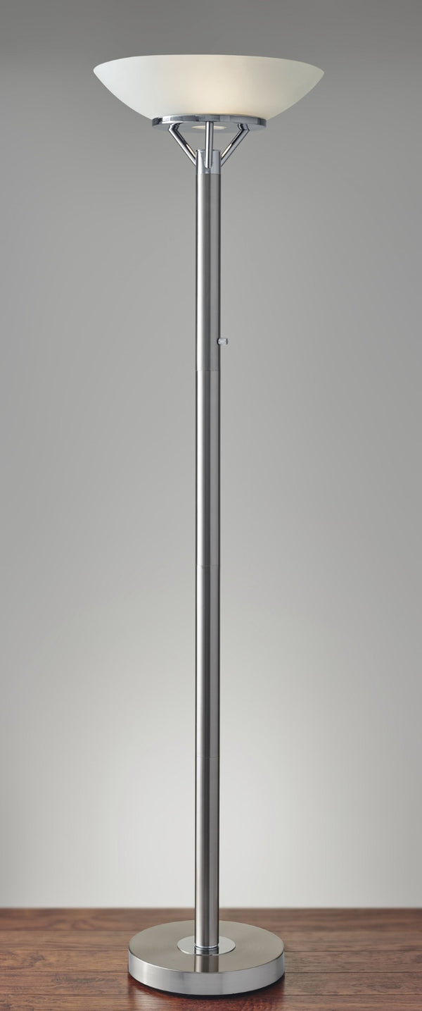 HomeRoots Frosted Glass Shade Torchiere in Brushed Steel - Modern Uplighting for Living Room & Office Decor 372732