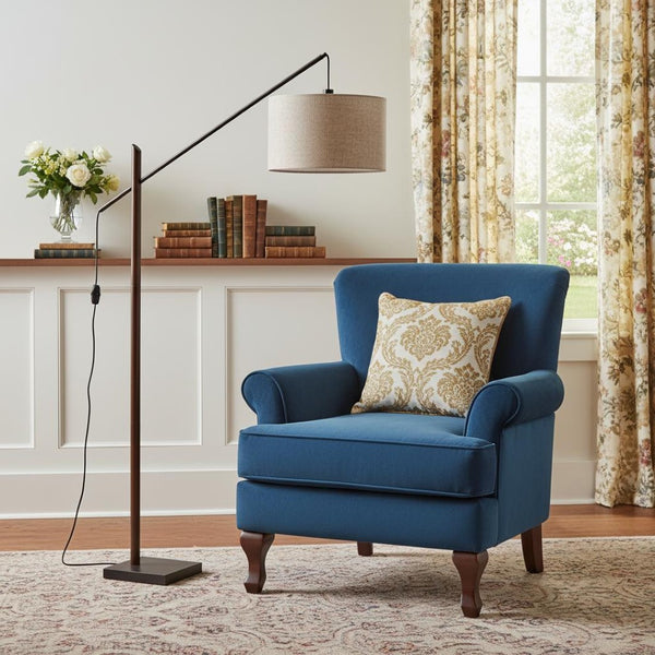 HomeRoots 77" Elegant Beige and Black Swing Arm Floor Lamp with Adjustable Shade for Cozy Reading Spaces 372736