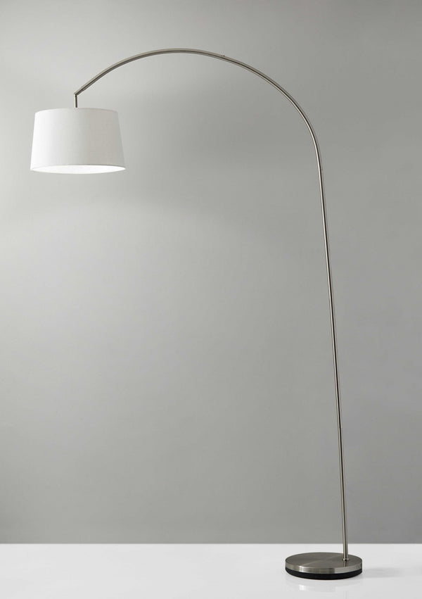 HomeRoots 83" Silver Arc Floor Lamp with Elegant White Linen Shade for Modern Living Room Ambiance Brushed steel 372739