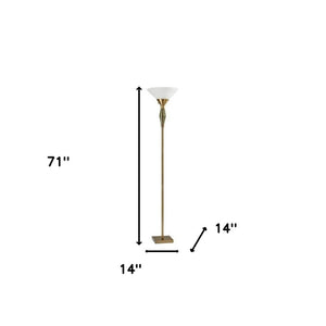 HomeRoots 71" Brass Torchiere Floor Lamp with White Fabric Shade - Elegant Ambient Lighting for Any Space 372751