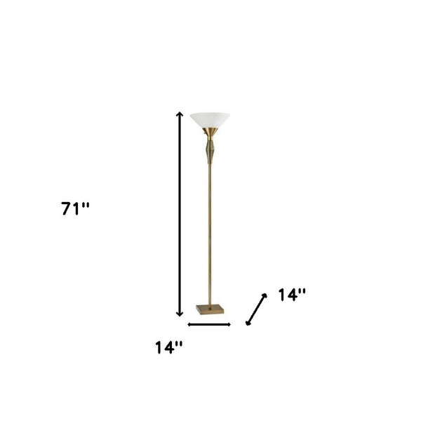 HomeRoots 71" Brass Torchiere Floor Lamp with White Fabric Shade - Elegant Ambient Lighting for Any Space 372751