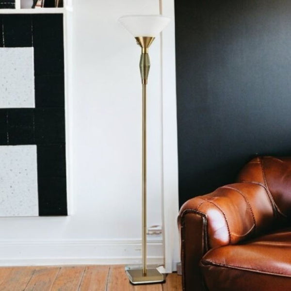 HomeRoots 71" Brass Torchiere Floor Lamp with White Fabric Shade - Elegant Ambient Lighting for Any Space 372751