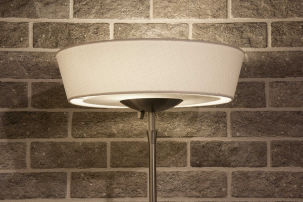 HomeRoots 71" Elegant LED Torchiere Floor Lamp with White Linen Shade for Warm Ambient Lighting in Any Room Brushed steel 372752