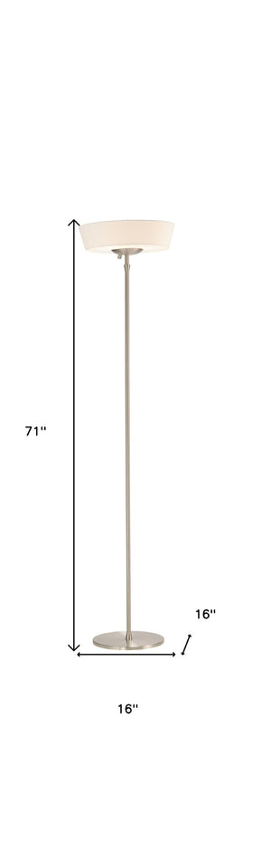 HomeRoots 71" Elegant LED Torchiere Floor Lamp with White Linen Shade for Warm Ambient Lighting in Any Room Brushed steel 372752