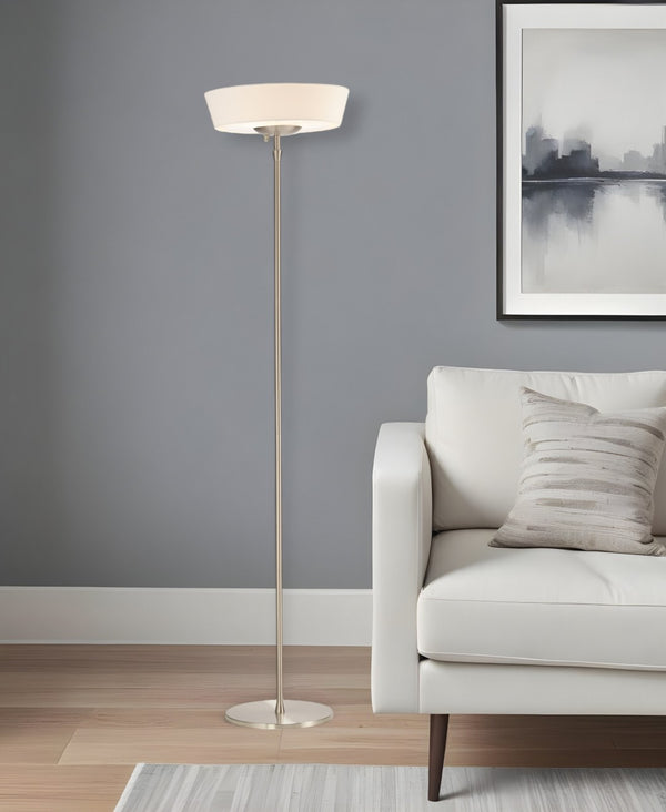 HomeRoots 71" Elegant LED Torchiere Floor Lamp with White Linen Shade for Warm Ambient Lighting in Any Room Brushed steel 372752