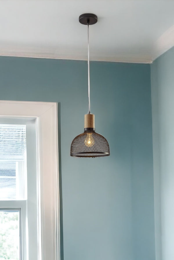 Homeroots Caged Black Metal Small Ceiling Pendant  Wood 372793