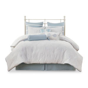 JLA Home Harbor House Blue - Comforter White Cotton Coastal Set with Blue Seashell Quilting, Textured Bed Skirt for Layered Charm 96 L x 92 W x 1.5H HH10-702