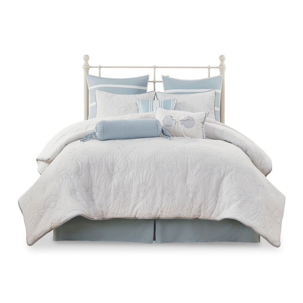 JLA Home Harbor House Blue - Comforter White Cotton Coastal Set with Blue Seashell Quilting, Textured Bed Skirt for Layered Charm 96 L x 92 W x 1.5H HH10-702