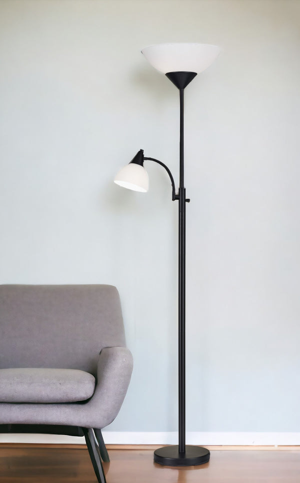 Homeroots 71" Two Light Torchiere Floor Lamp With White Acrylic Bowl Shades Black Metal 372806