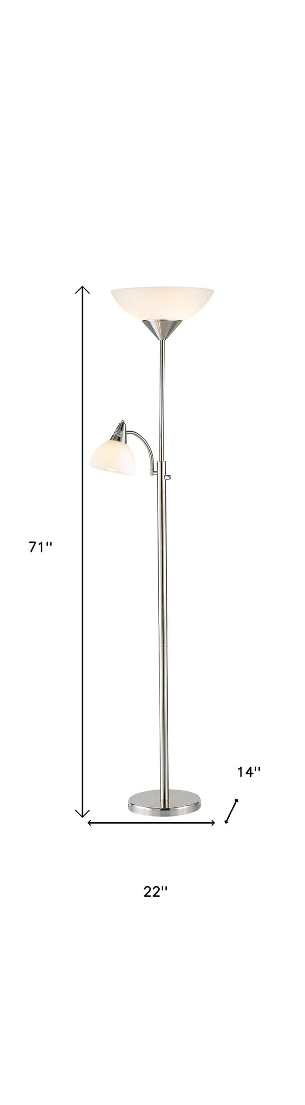 Homeroots 71" Two Light Torchiere Floor Lamp With White Acrylic Bowl Shades Brushed Steel Metal 372807