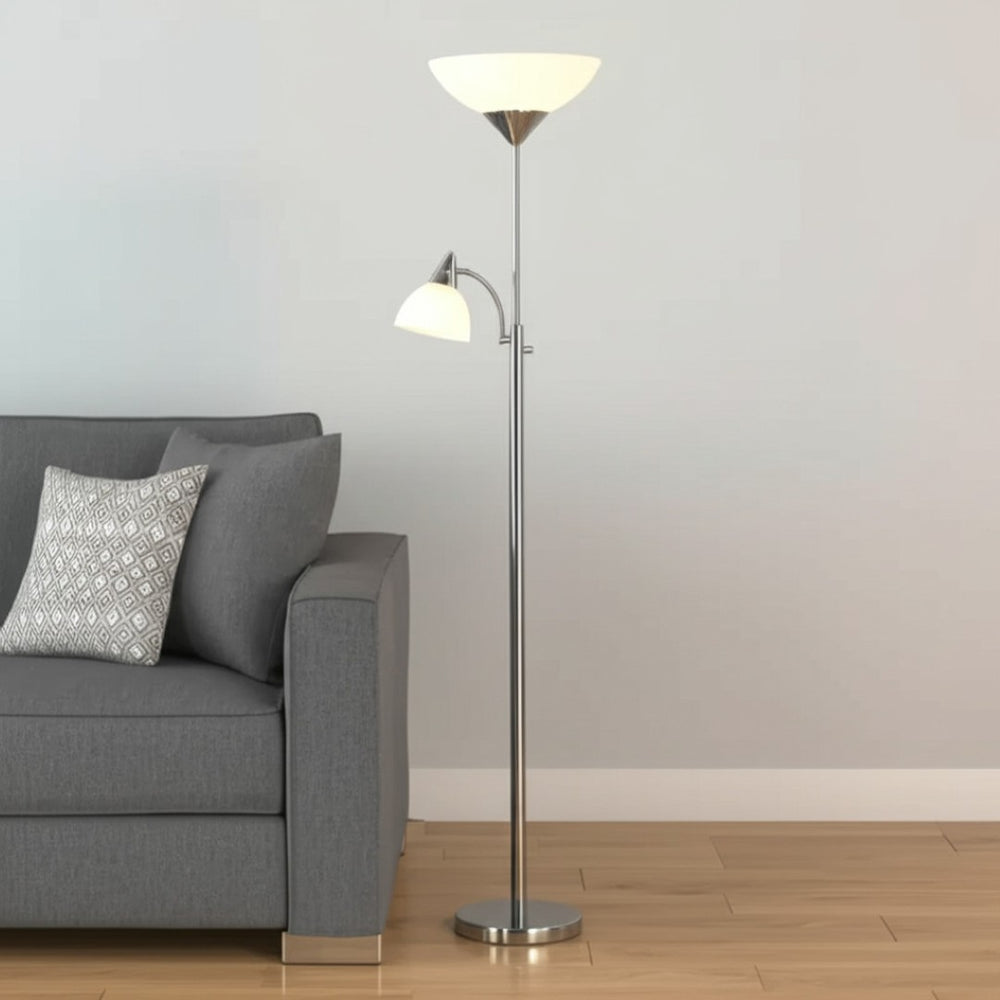 HomeRoots 71" Modern Two-Light Torchiere Floor Lamp with White Acrylic Shade for Ambient & Task Lighting Brushed steel 372807