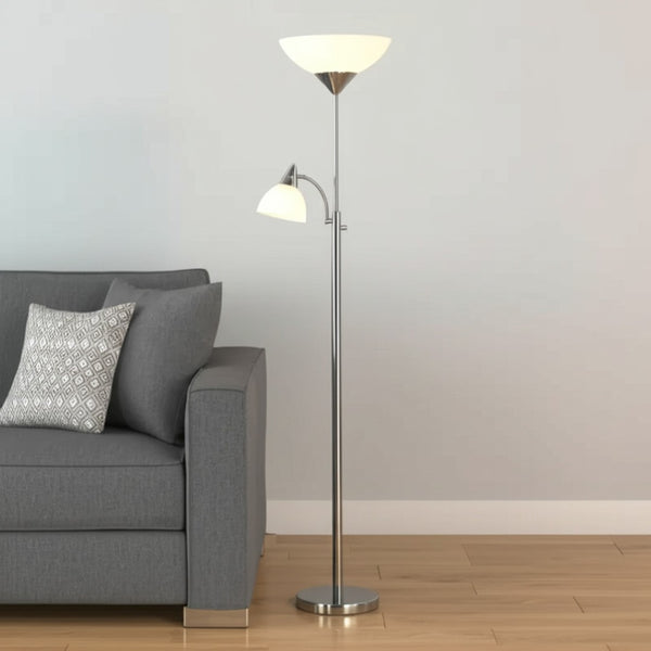 HomeRoots 71" Modern Two-Light Torchiere Floor Lamp with White Acrylic Shade for Ambient & Task Lighting Brushed steel 372807