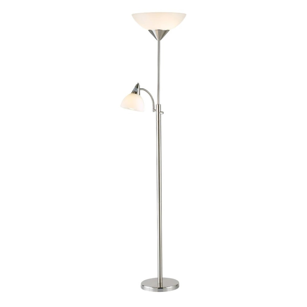 HomeRoots 71" Modern Two-Light Torchiere Floor Lamp with White Acrylic Shade for Ambient & Task Lighting Brushed steel 372807
